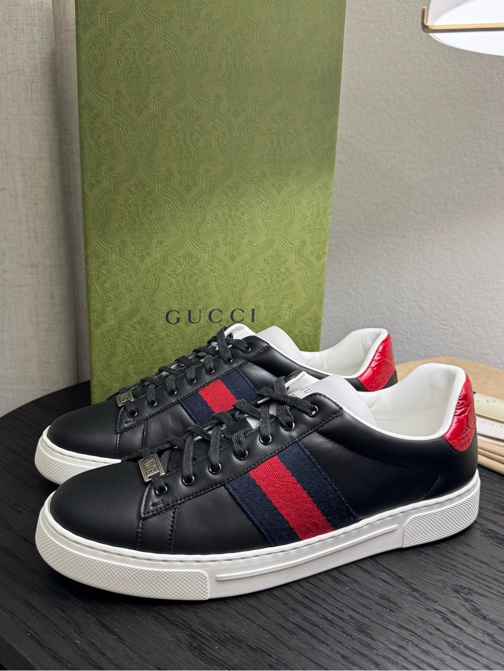 Gucci Ace Web Sneakers Leather Black 9